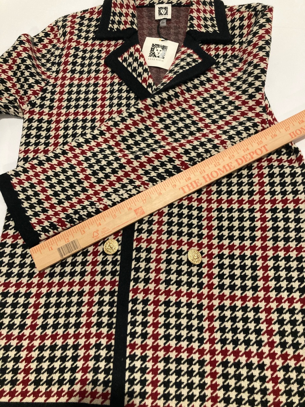 NWT Anne Klein Titan Red Black Houndstooth Open Front Gold Button Knit Blazer - Picture 8 of 16